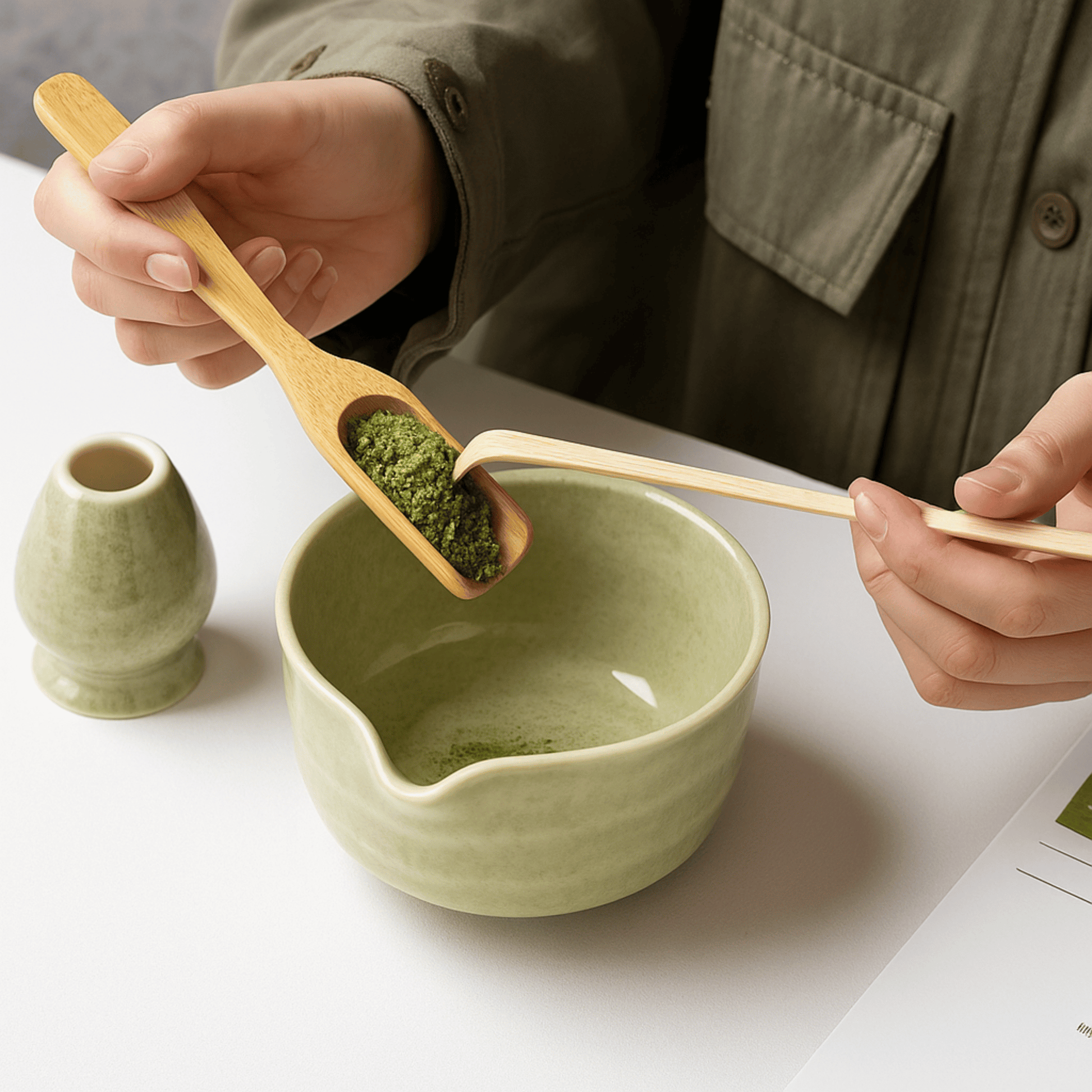 Person using a wooden spoon to scoop green powder into a green ceramic bowl on a white surface.