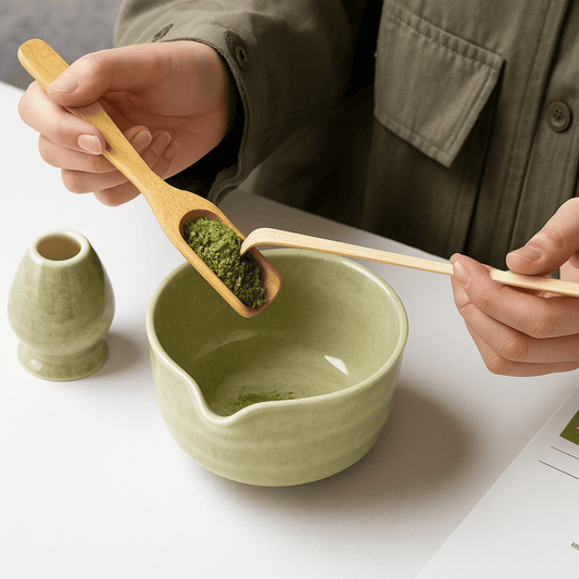 Person using a wooden spoon to scoop green powder into a green ceramic bowl on a white surface.