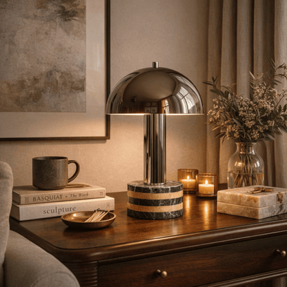 Modern table lamp on a wooden surface with books, a mug, and candles in a cozy room setting.
