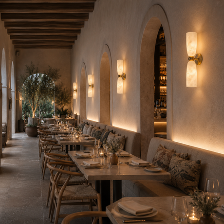 A warm, elegant restaurant interior with arched alcoves, textured cream walls, glowing wall sconces, wooden ceiling beams, and long dining tables set with plates and glassware on upholstered benches.