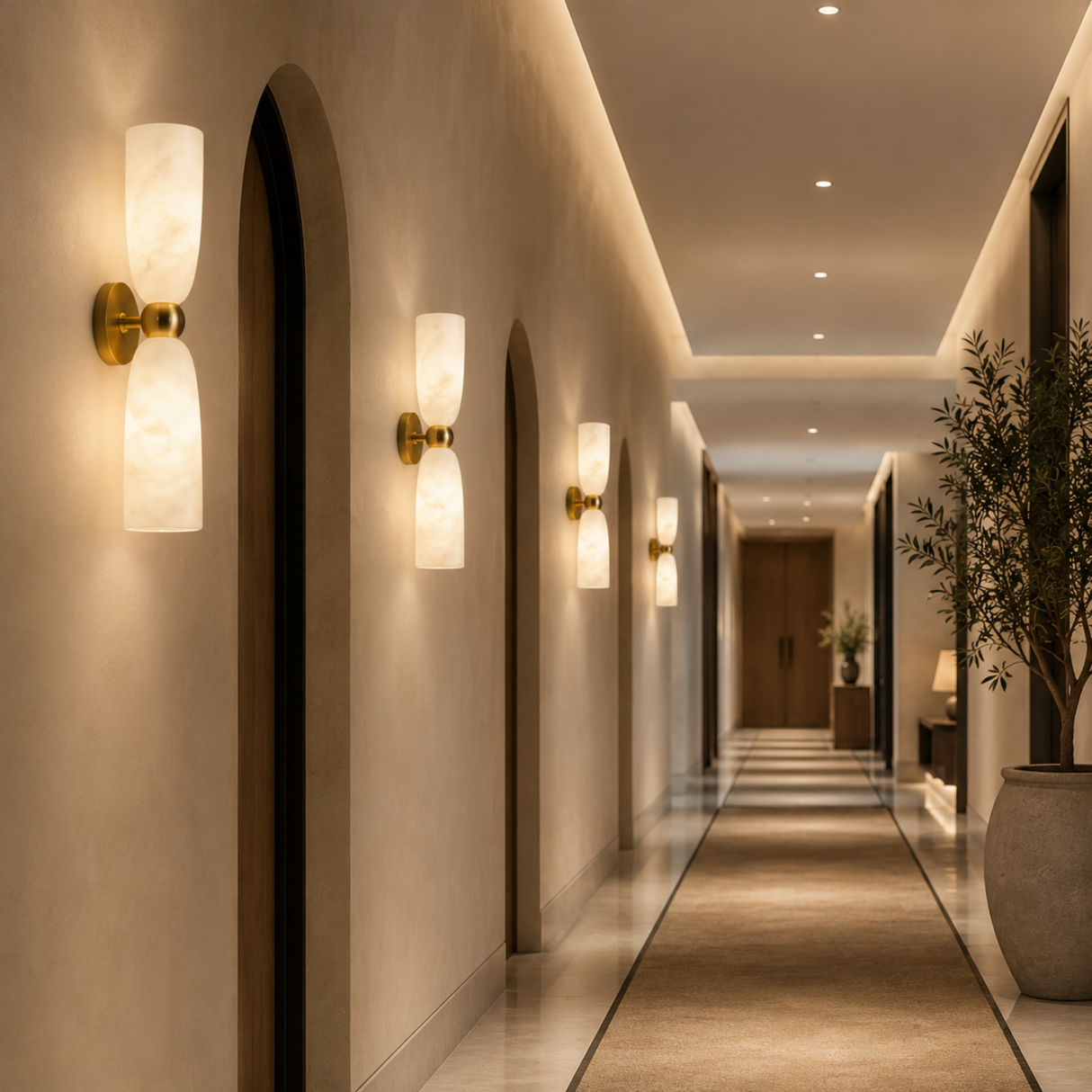 A modern double-light wall sconce with a brushed brass fixture and two glowing white textured glass shades, mounted on a beige wall in a long, elegantly lit hallway.