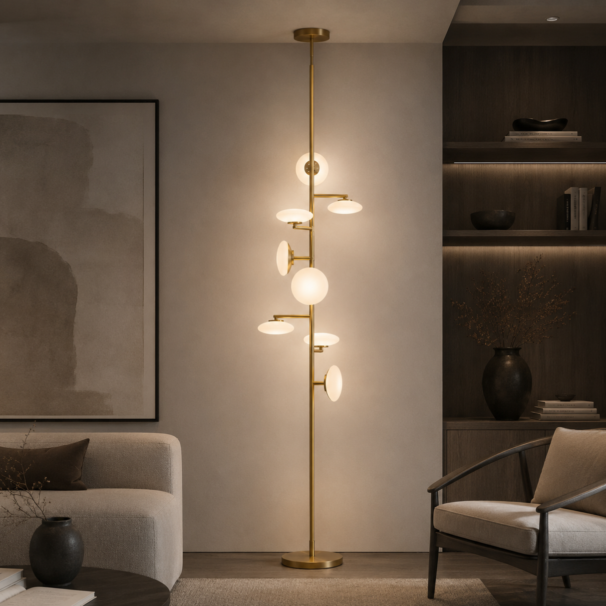 Modern living room with a gold floor lamp, gray sofa, and wooden shelves.