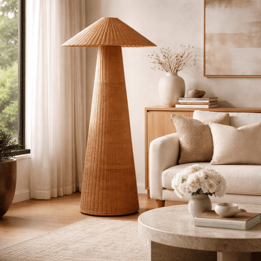Wicker floor lamp in a living room with a sofa and decor items.