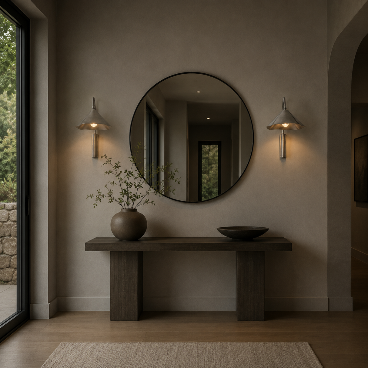 A minimalist interior scene with a round wall mirror centered above a dark wood console table. A large ceramic vase with delicate branches sits on the left side of the table, and a dark bowl is on the right.