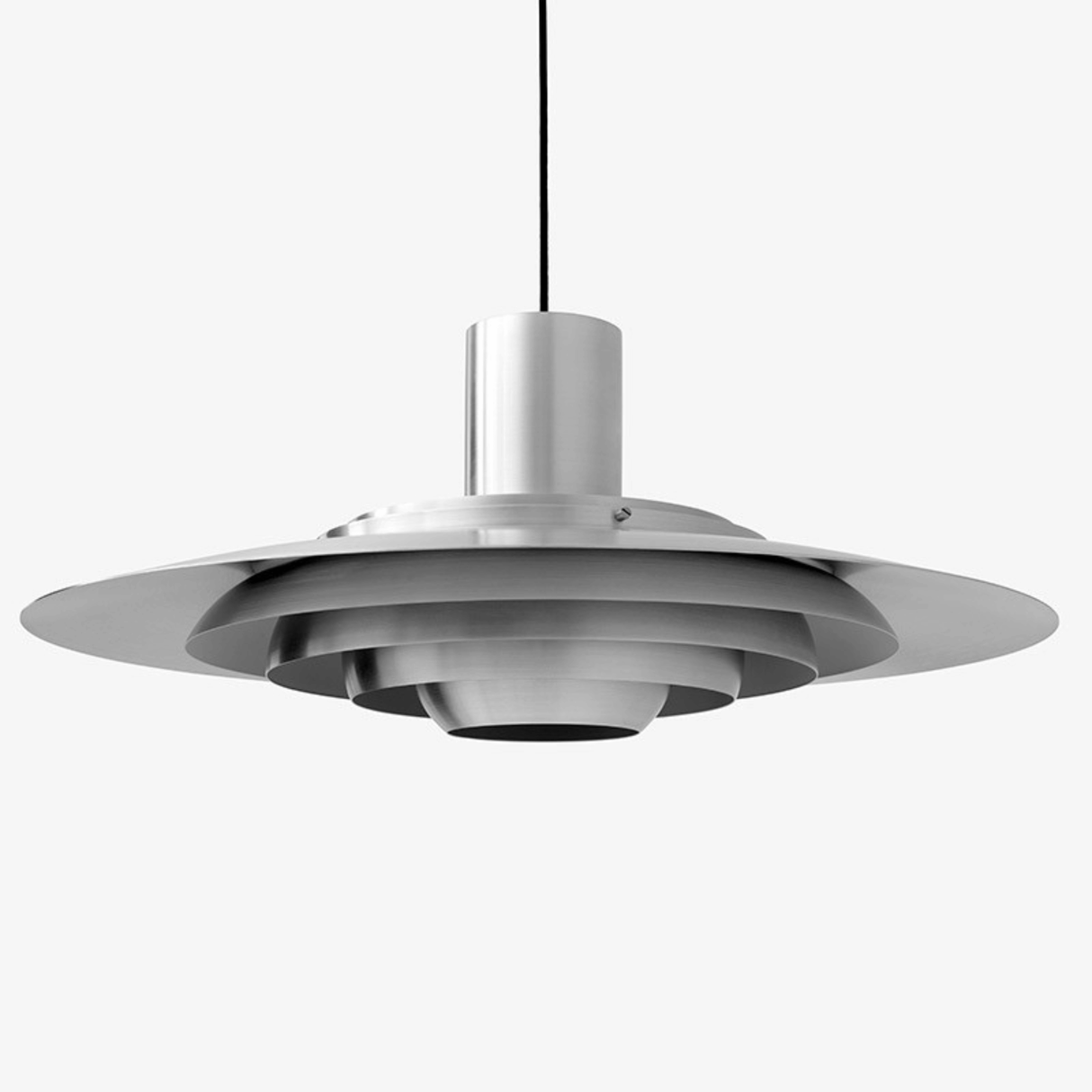 Modern pendant light with a silver metallic finish on a white background