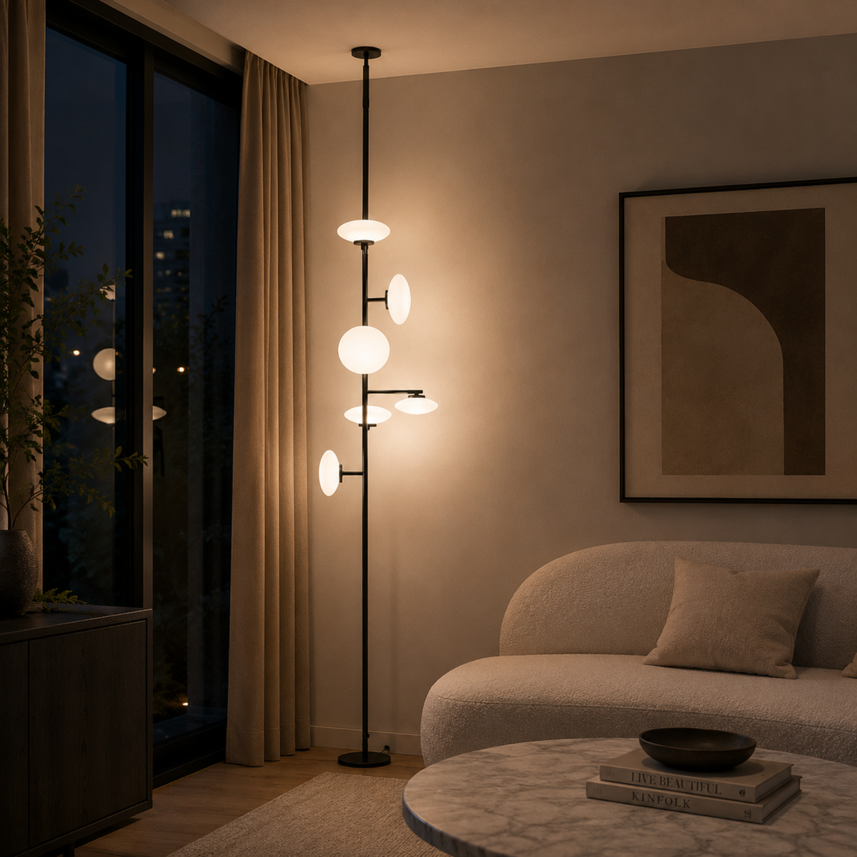 Modern living room with a floor lamp and a sofa.