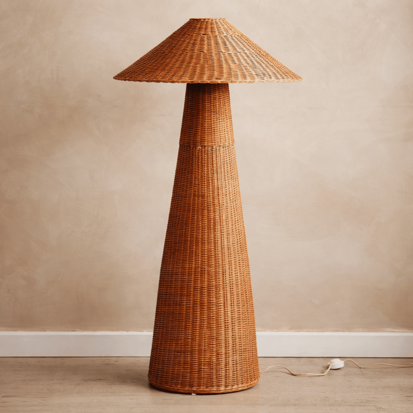 Wicker floor lamp against a beige wall