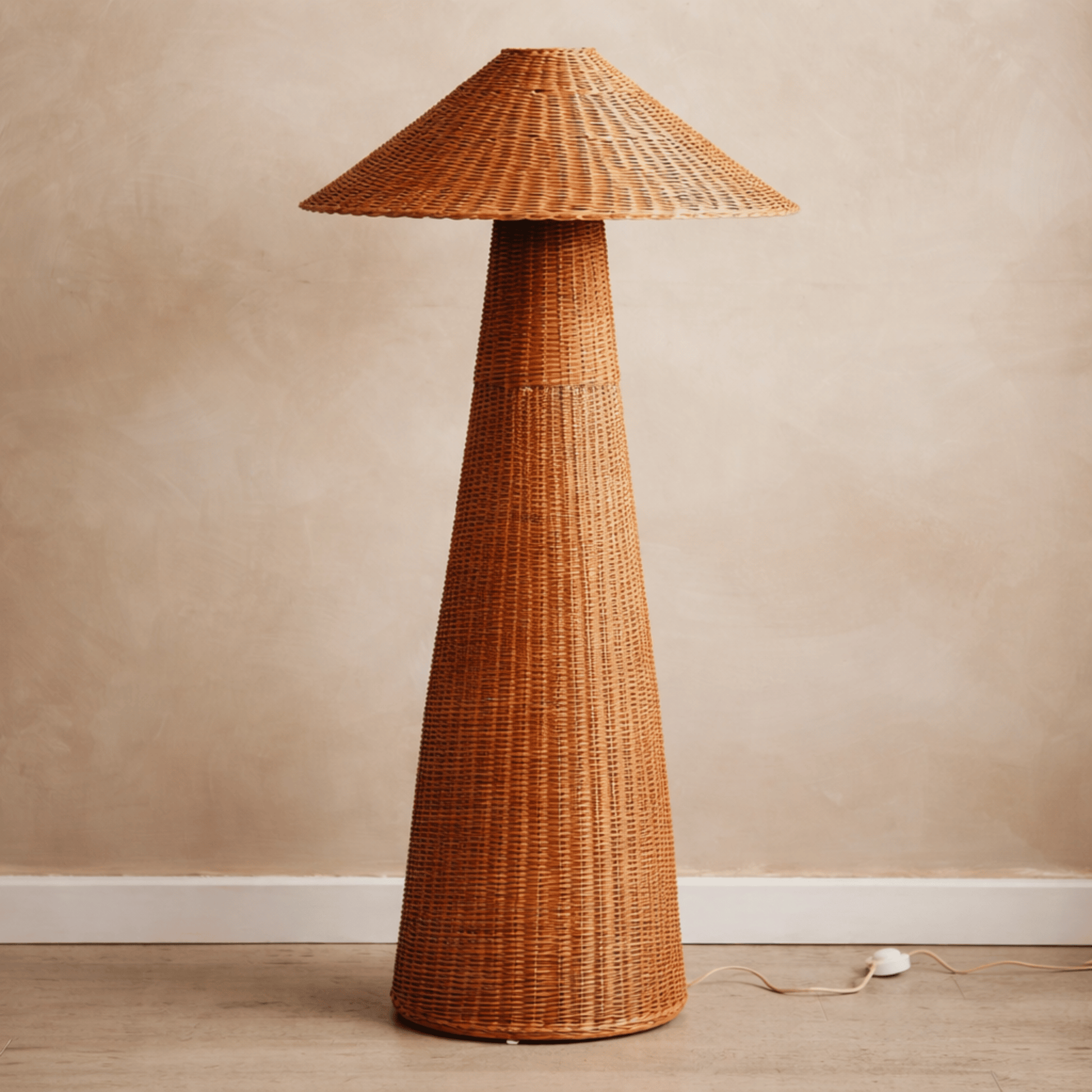 Wicker floor lamp against a beige wall