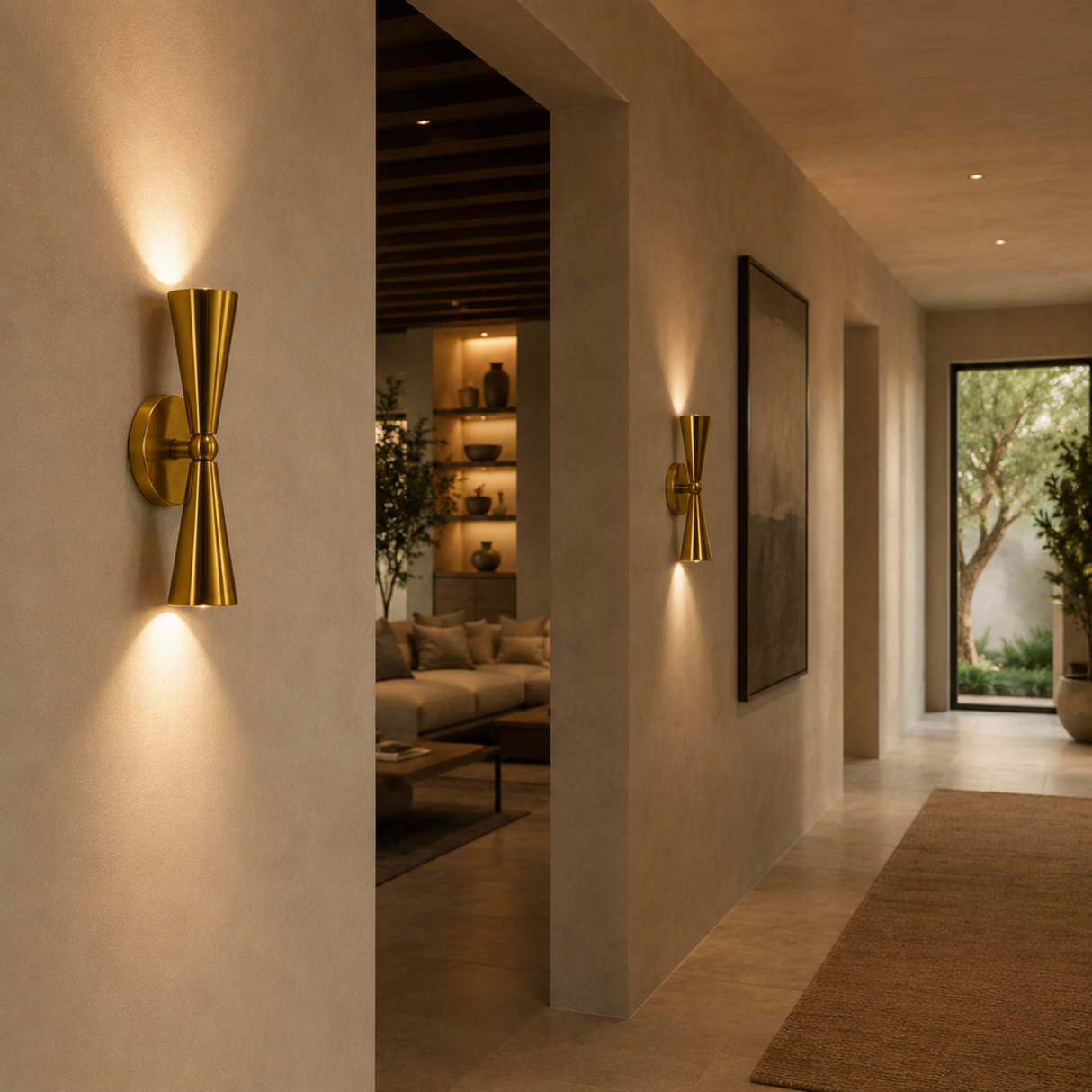 A modern wall-mounted sconce in brushed gold metal with a sculptural hourglass shape, shown lit in a warm, contemporary hallway setting.