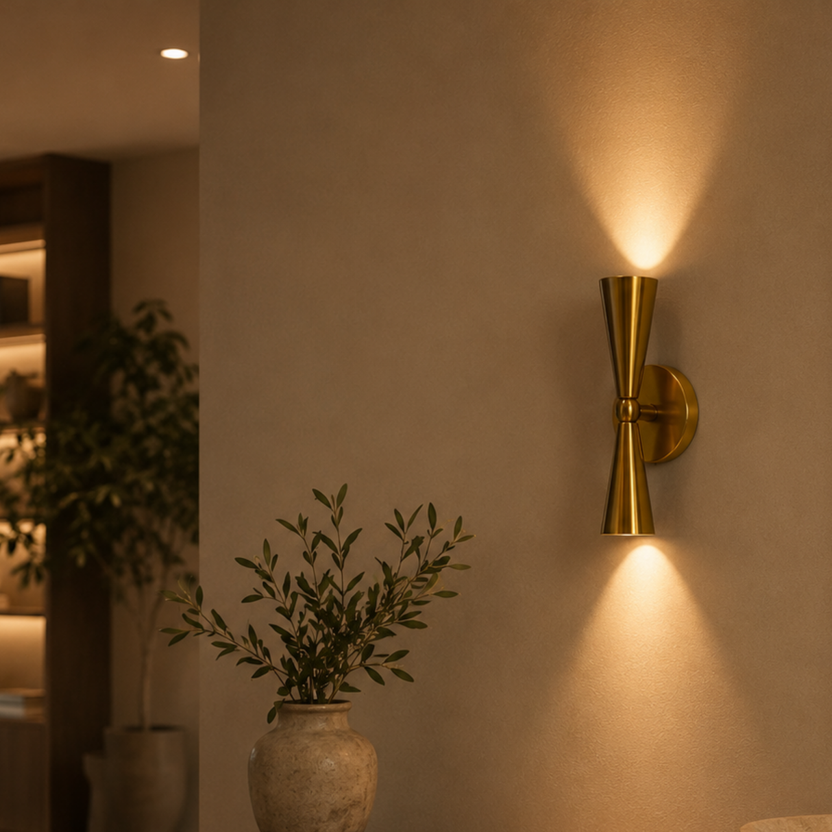 A modern brass wall sconce light fixture mounted on a beige wall, casting a warm golden glow downwards and upwards. A small potted olive tree in a textured ceramic pot sits below the light, and a softly blurred interior room with plants is visible in the background.