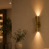 A modern brass wall sconce light fixture mounted on a beige wall, casting a warm golden glow downwards and upwards. A small potted olive tree in a textured ceramic pot sits below the light, and a softly blurred interior room with plants is visible in the background.