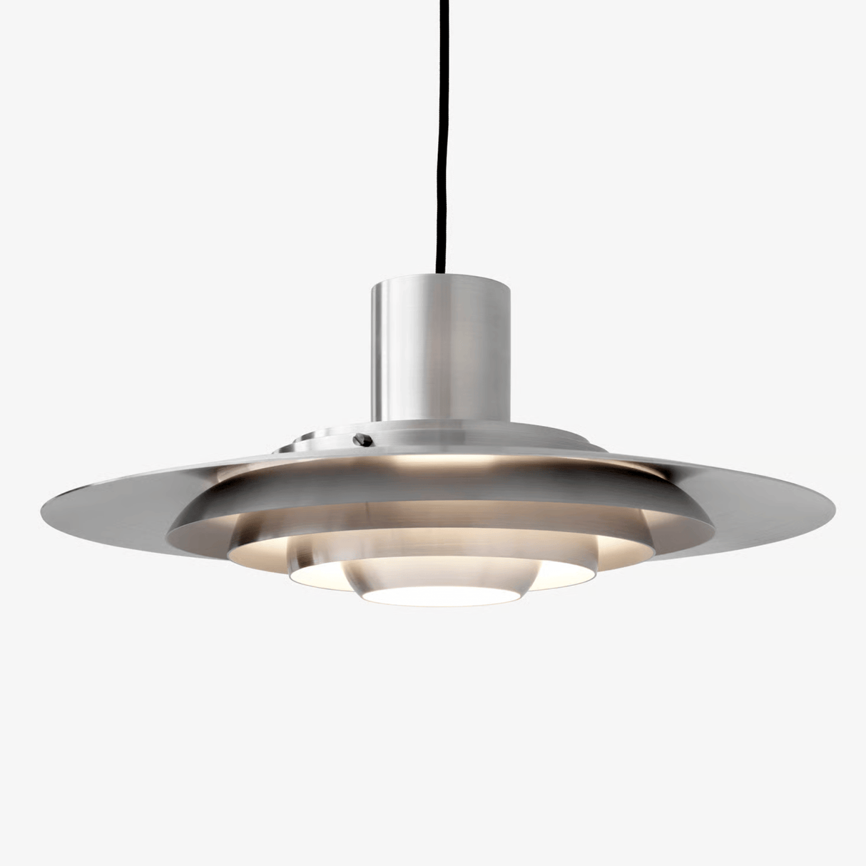 Modern pendant light with metallic finish on a white background