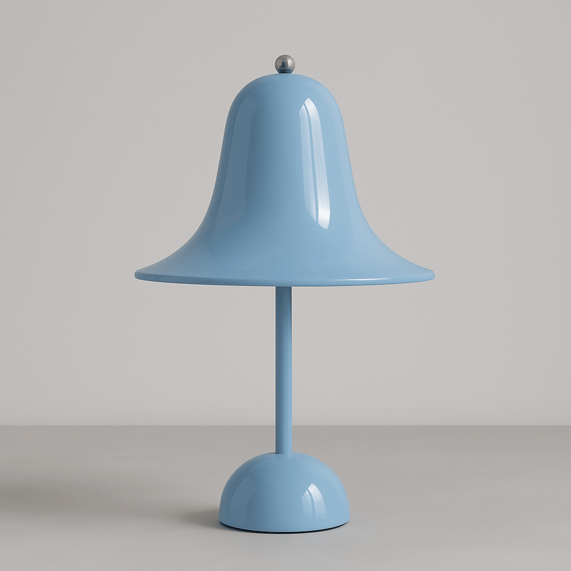 Blue table lamp with a bell-shaped shade on a gray background