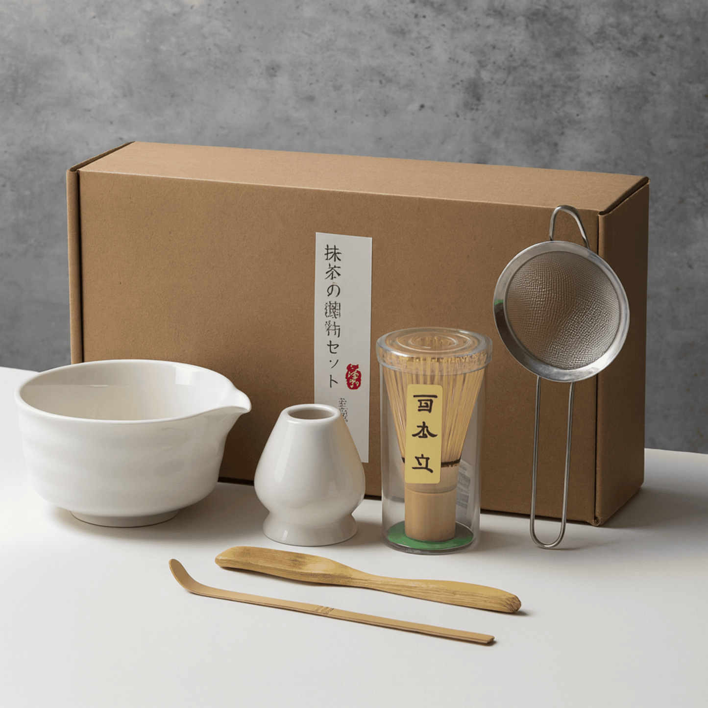Tea-making set with a brown box, ceramic bowl, whisk, scoop, and tea leaves on a gray background.