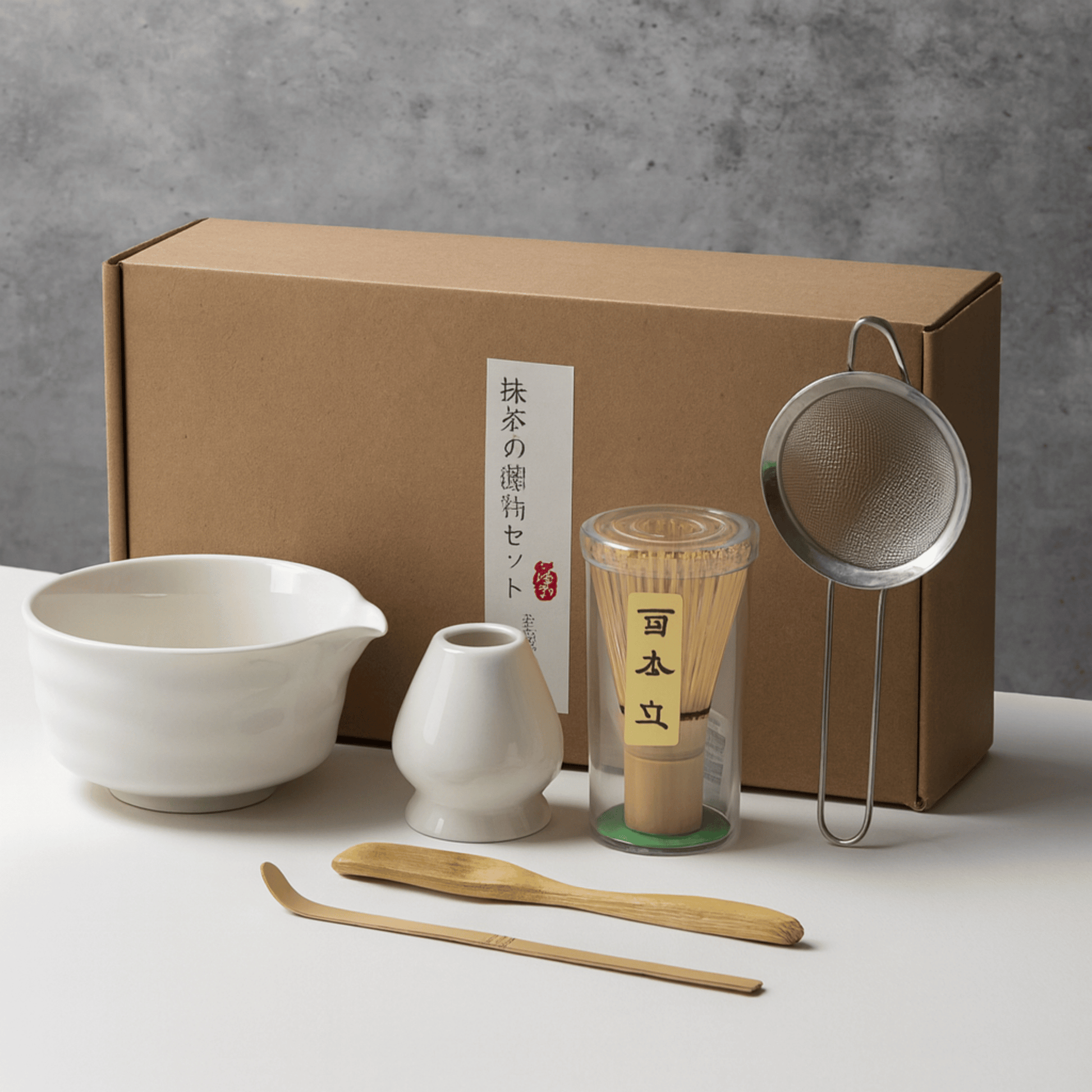 Tea-making set with a brown box, ceramic bowl, whisk, scoop, and tea leaves on a gray background.