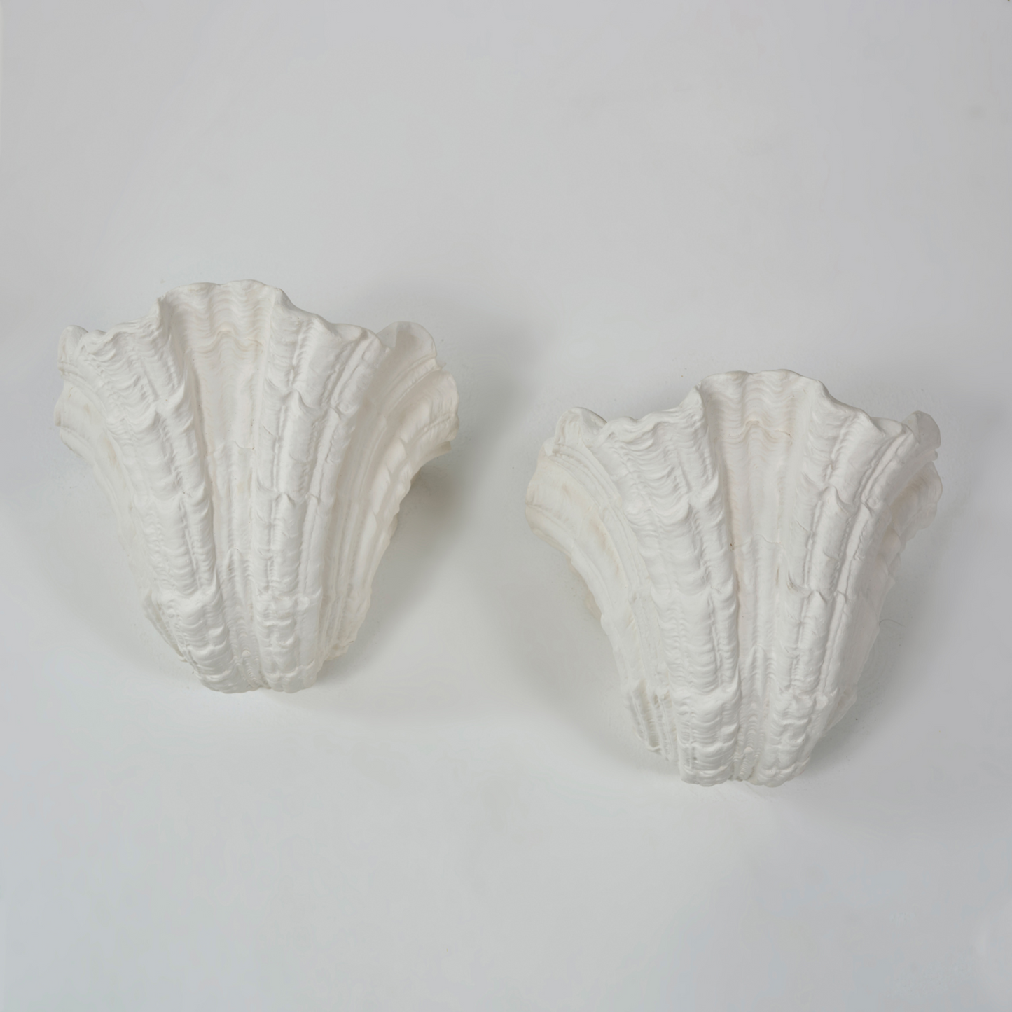Two white decorative wall brackets on a light gray background