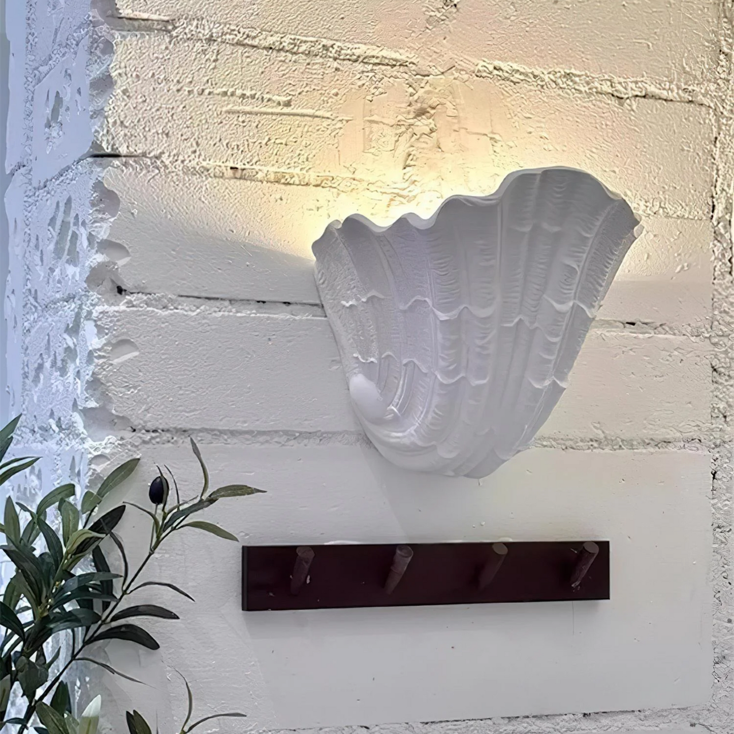 Decorative wall-mounted shell with a light fixture on a textured white wall.