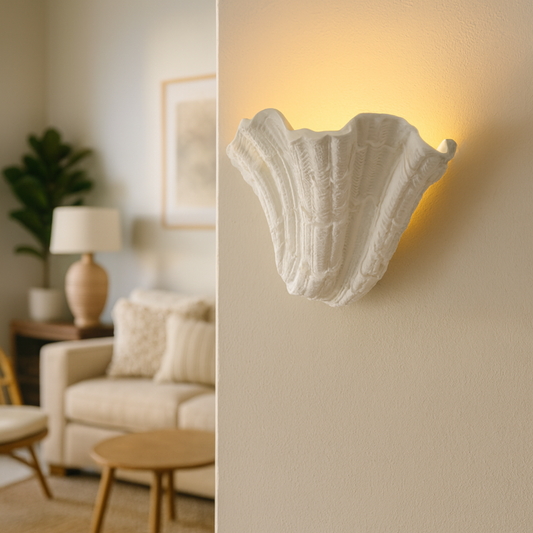 Decorative wall sconce in a living room setting with a blurred background