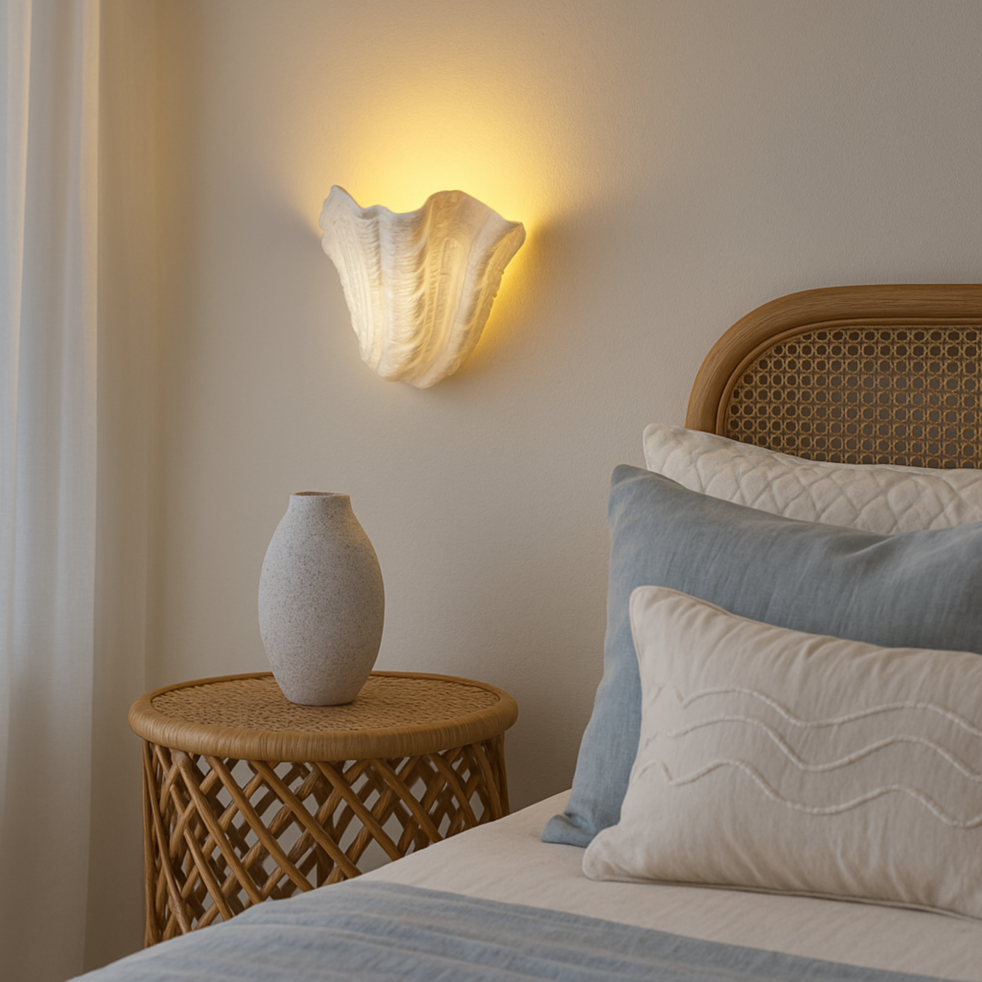 Bedroom scene with a bedside table, vase, and wall sconce.
