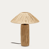 Wooden table lamp with a textured design on a white background