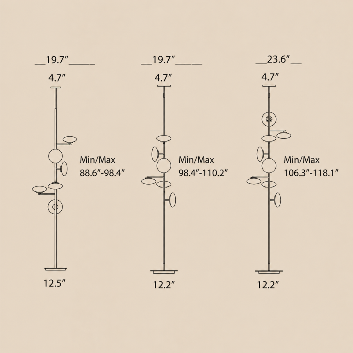 Measurement chart showing height ranges of various lamp stands on a beige background