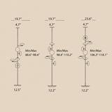Measurement chart showing height ranges of various lamp stands on a beige background