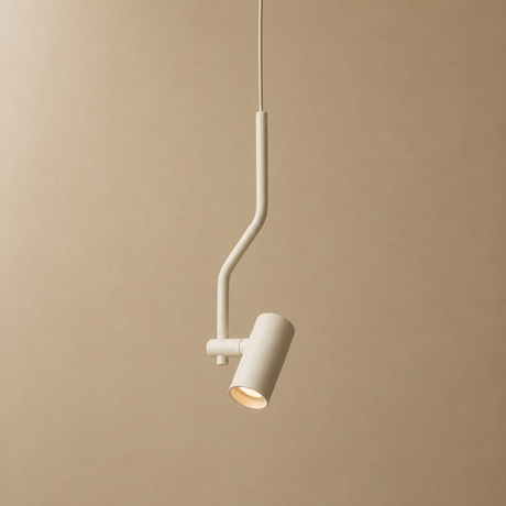 A modern pendant light with a matte off-white finish, featuring a bent arm design and a cylindrical shade, shown against a solid beige background.