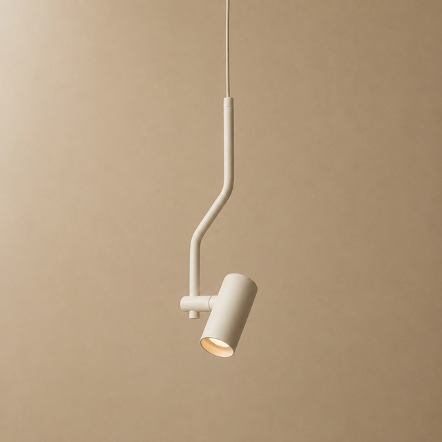 A modern pendant light with a matte off-white finish, featuring a bent arm design and a cylindrical shade, shown against a solid beige background.