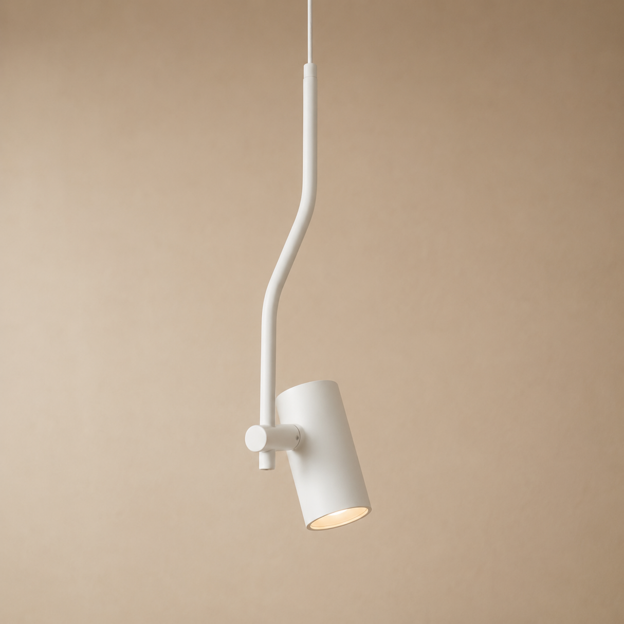A modern white pendant light with a curved, snake-like arm and a cylindrical shade, shown against a solid beige background.