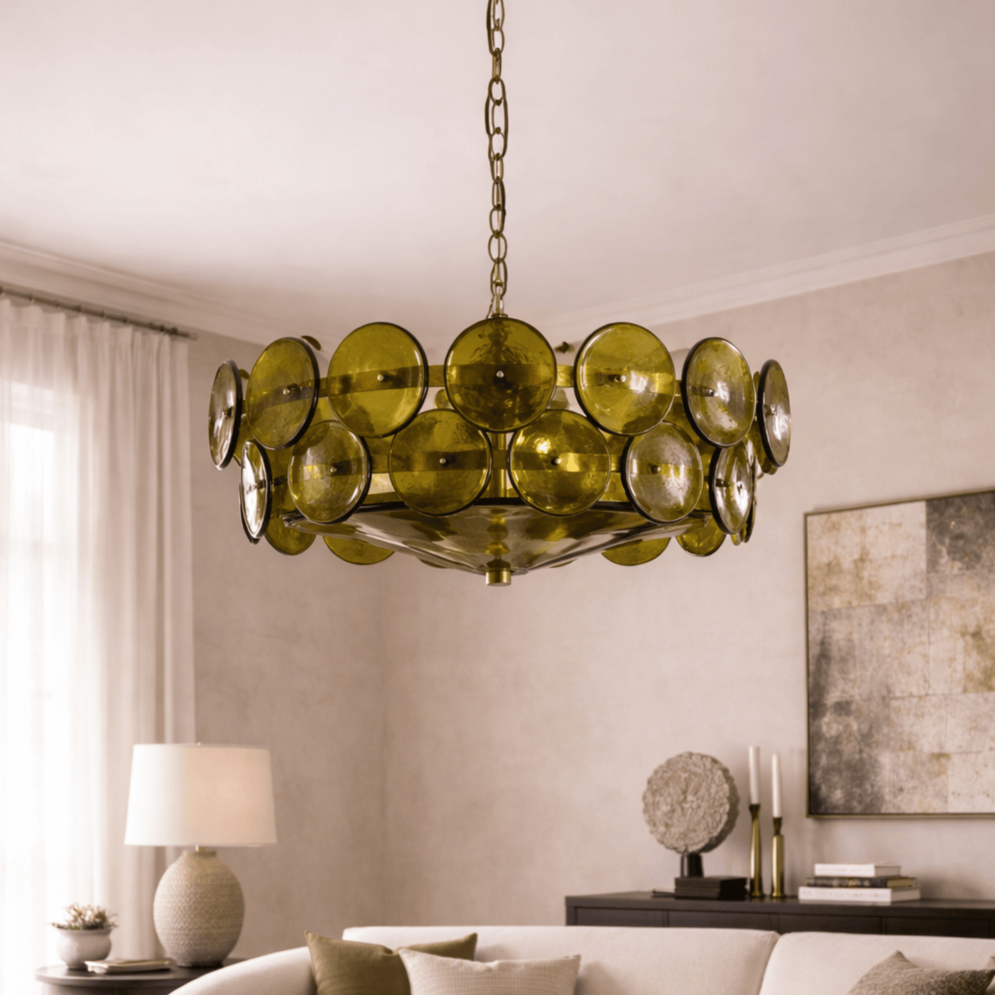 Green chandelier hanging in a living room with neutral decor