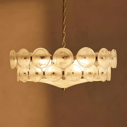 Chandelier with multiple glass shades on a brown background