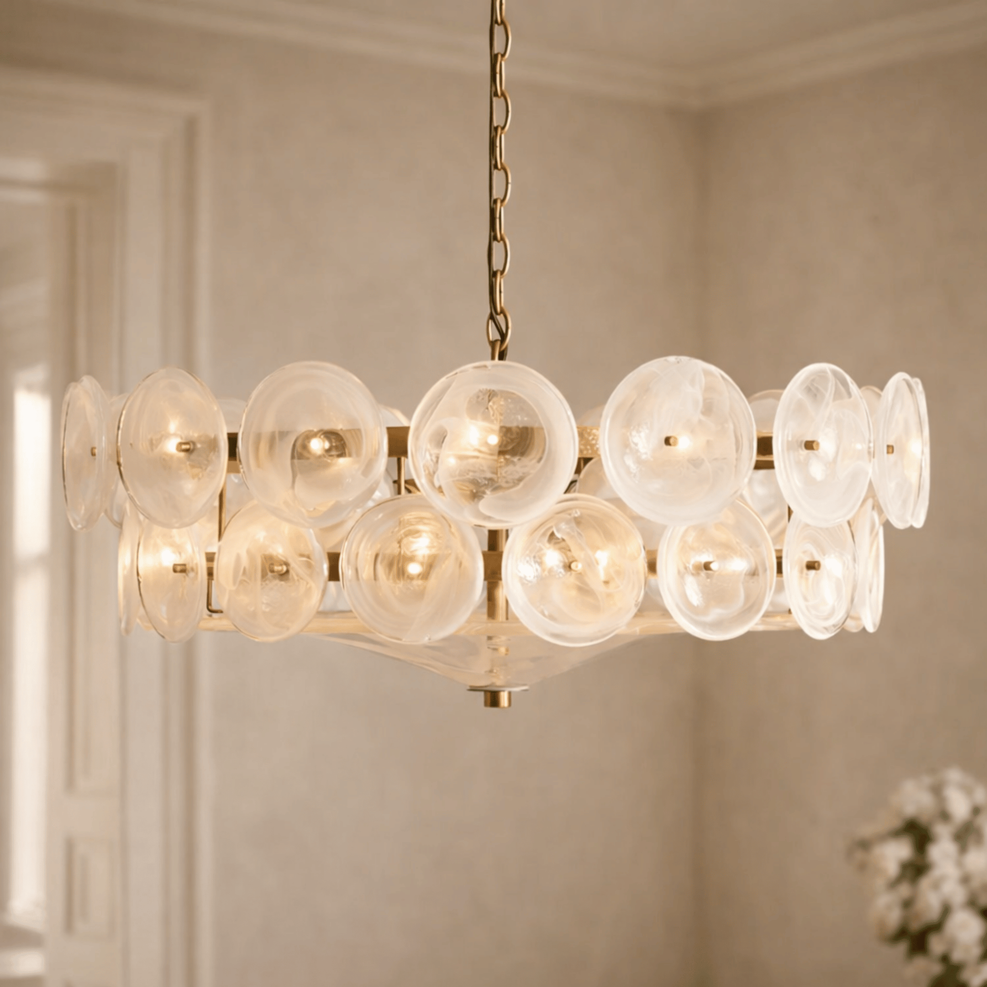 Chandelier with glass bubbles and gold frame in a room setting