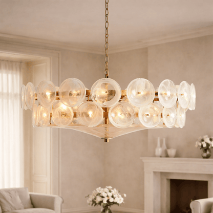 Modern chandelier with glass bubbles in a living room setting