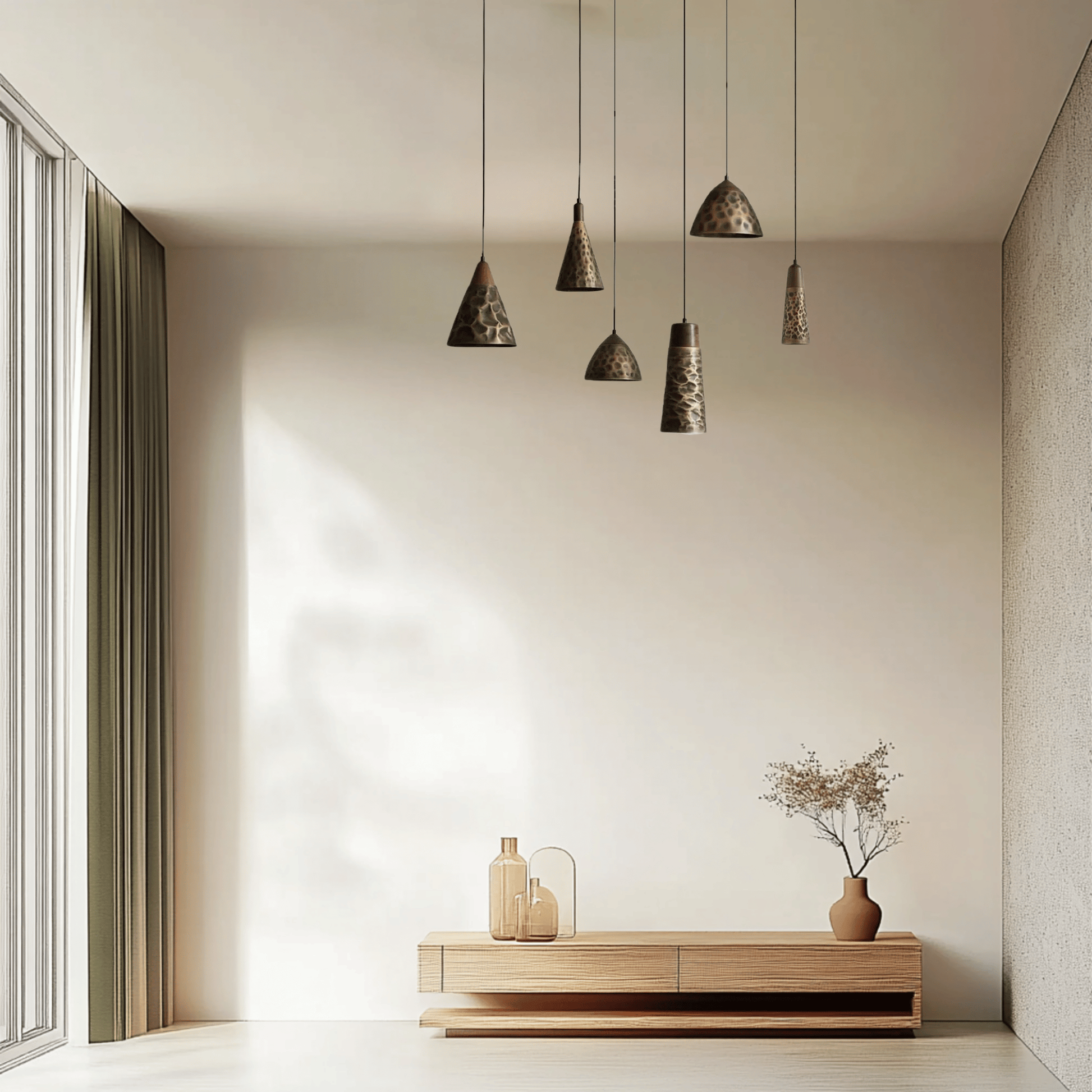 Elegant pendant lights variances that  combines vintage walnut and copper finishes in living room.