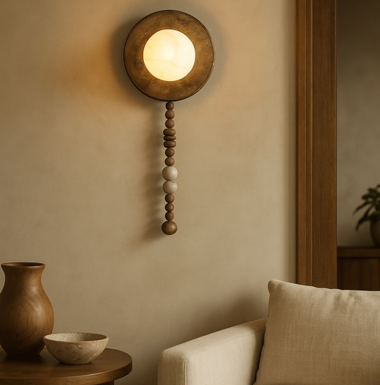 Decorative wall light fixture with wooden beads on a beige wall, next to a vase and bowl on a table.