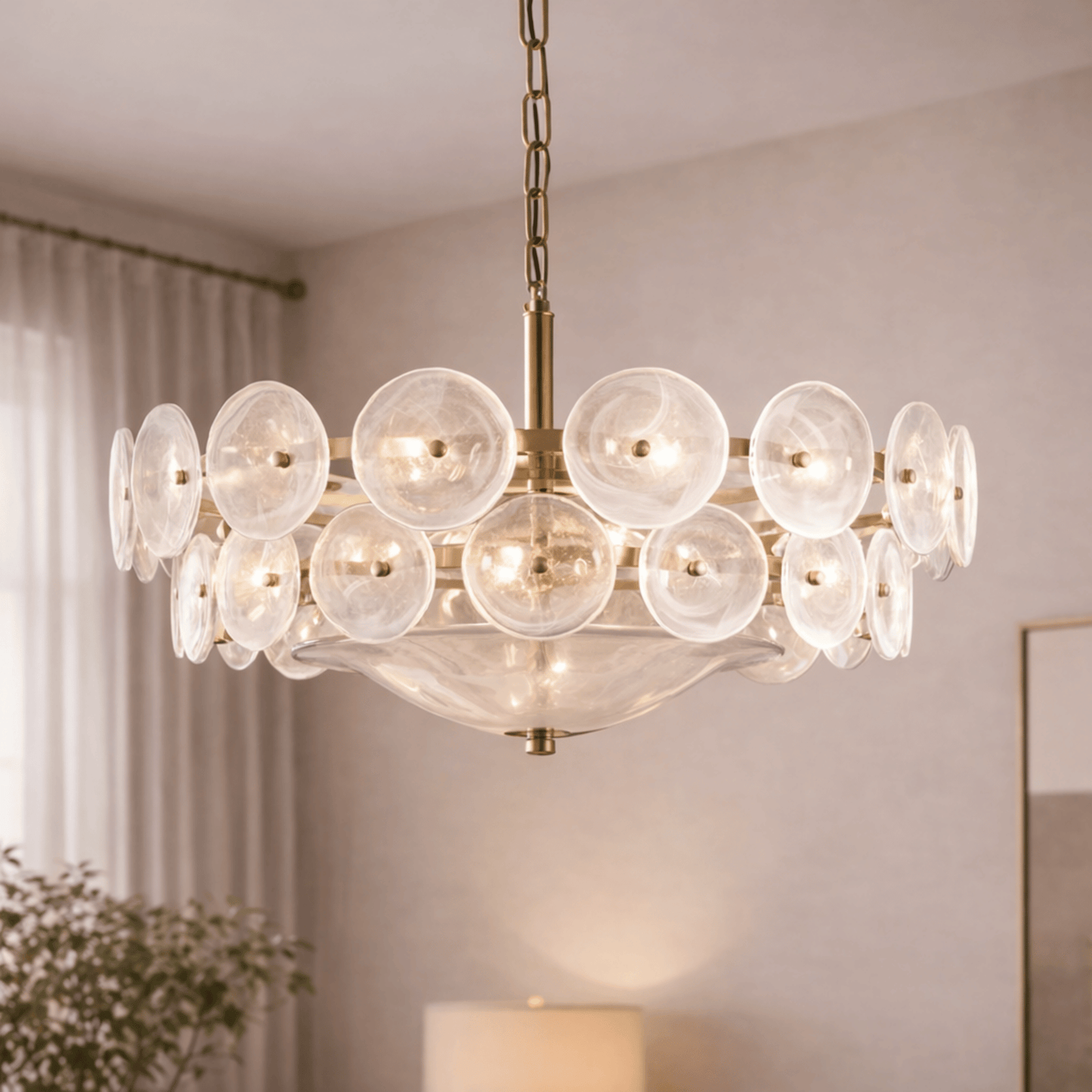Modern chandelier with glass shades in a room setting