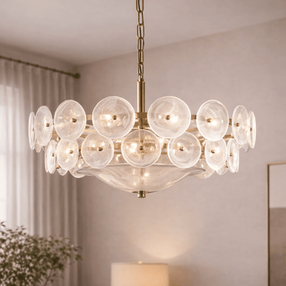 Modern chandelier with glass shades in a room setting