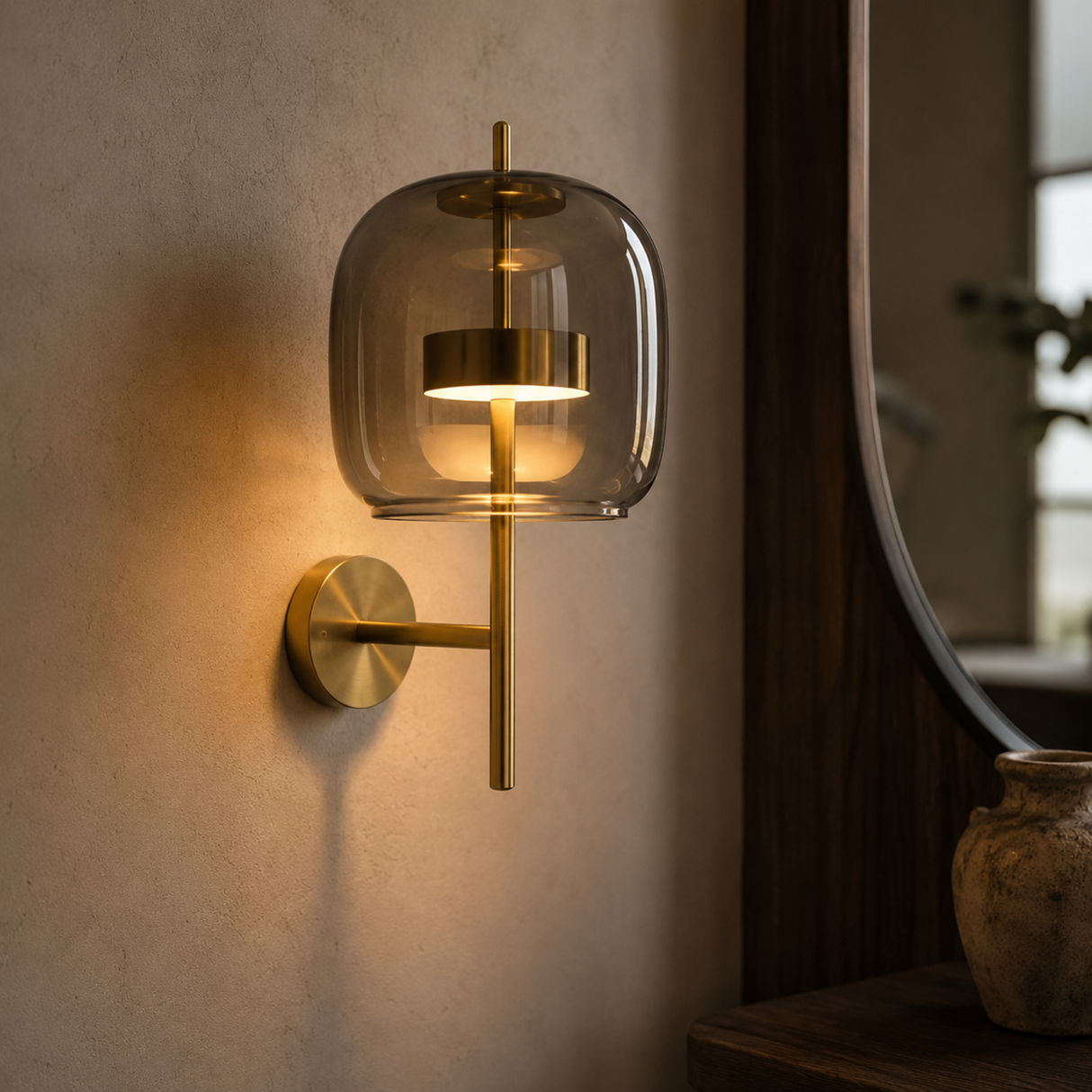 A modern wall-mounted sconce with a clear glass dome shade and brushed brass hardware, lit warmly against a textured beige wall.