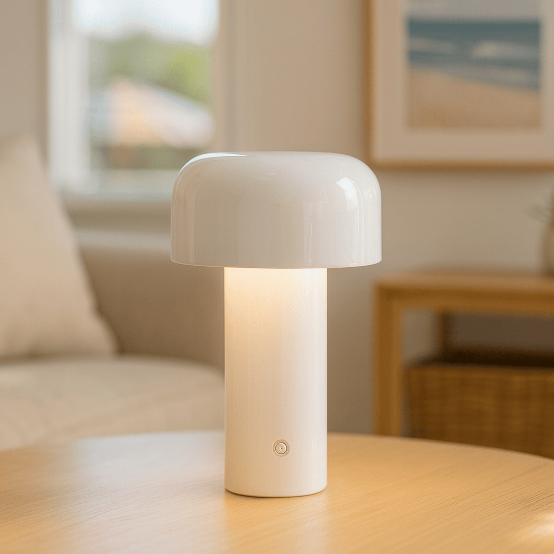 White table lamp on a wooden surface with a blurred indoor background