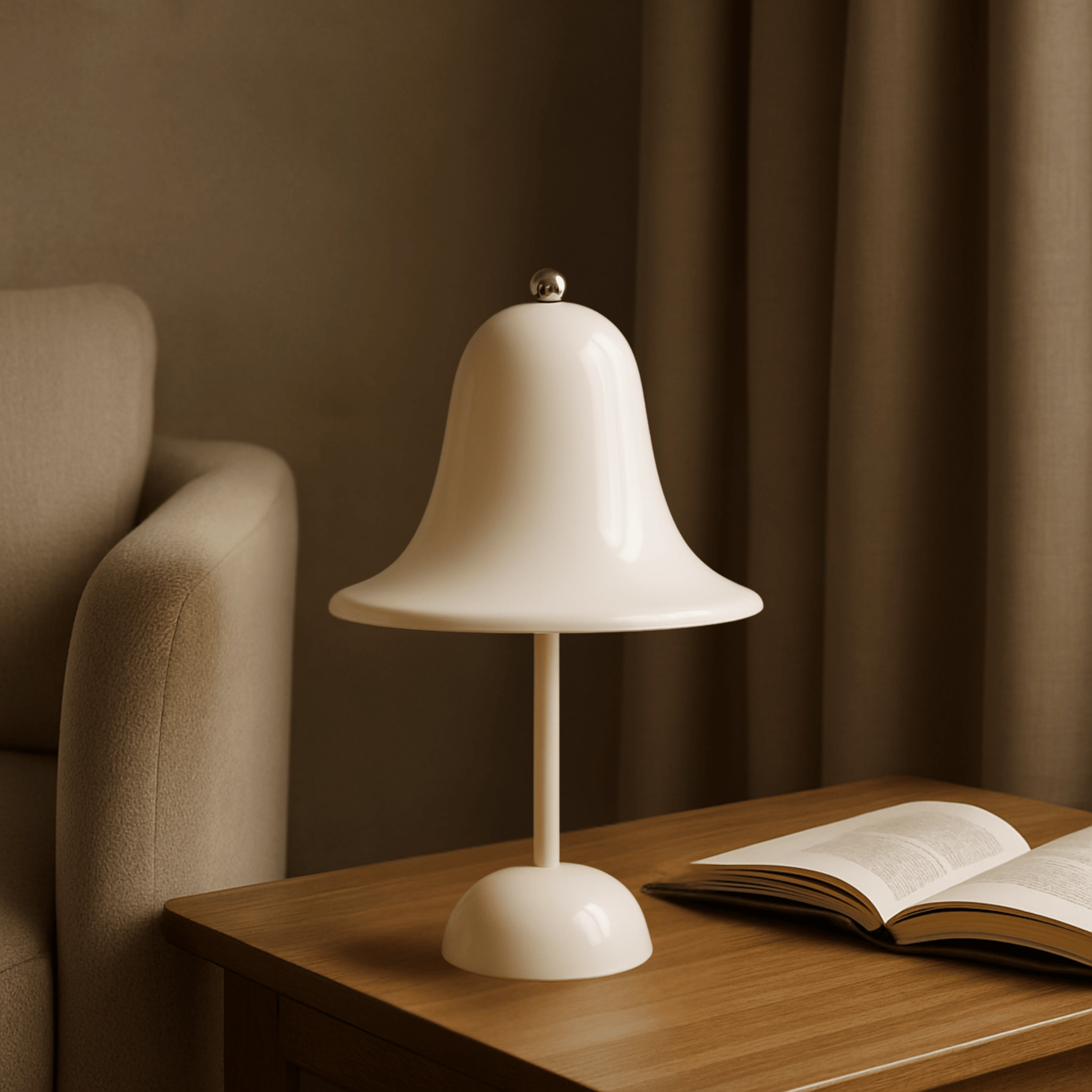 White bell-shaped table lamp on a wooden surface with an open book, against a brown curtain backdrop.