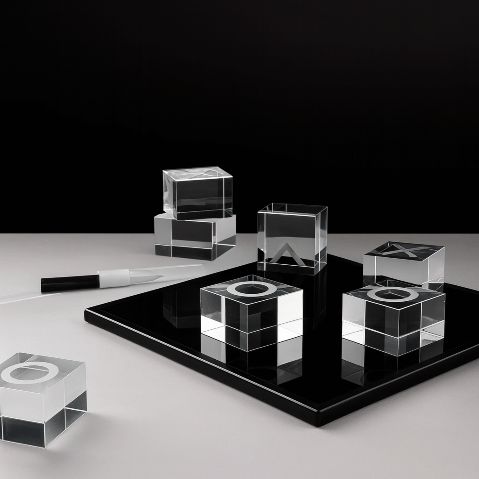 Set of clear glass cubes on a black platform with a white background
