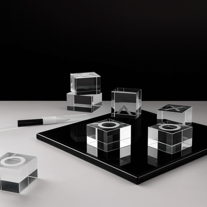 Set of clear glass cubes on a black platform with a white background