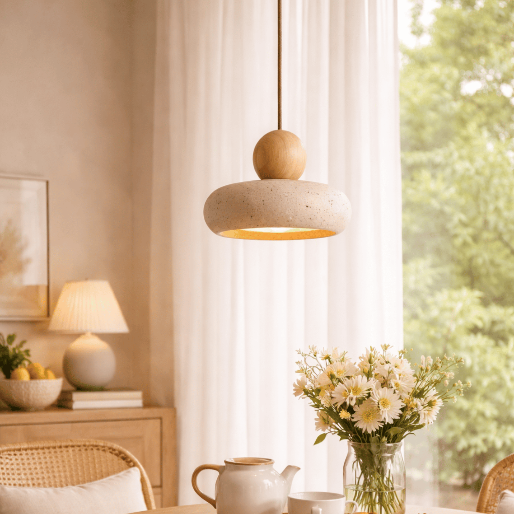 Pendant light fixture in a room with a window, flowers, and a teapot.