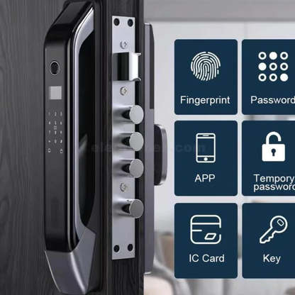 The smart lock shown during door opening, highlighting the touch control panel and sleek design.
