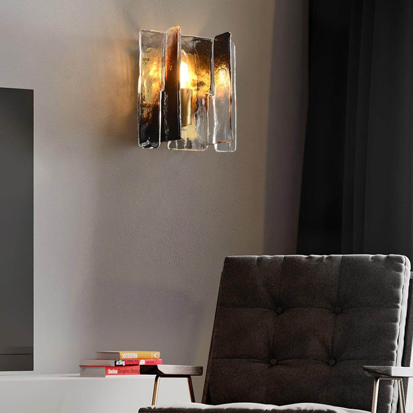 A glowing wall light with textured glass, giving off a warm illumination in a cozy modern room.