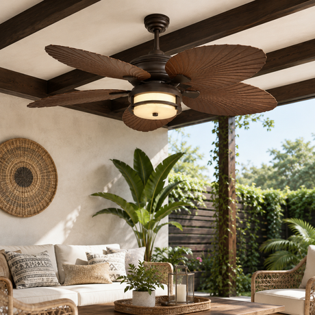 Ceiling fan in a patio setting with outdoor furniture and plants