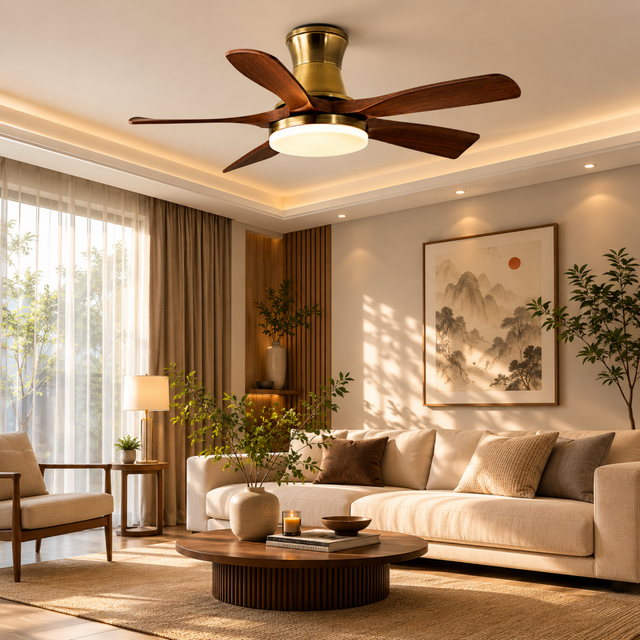 Modern living room with a ceiling fan, sofa, and decorative elements.