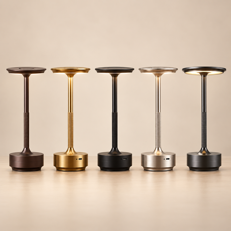 Five modern adjustable table lamps with circular tops and cylindrical bases are lined up on a light beige surface against a warm beige background. The lamps are shown in different metallic finishes: dark brown, gold, black, silver, and dark gray, with the middle two turned on to show the warm light output.