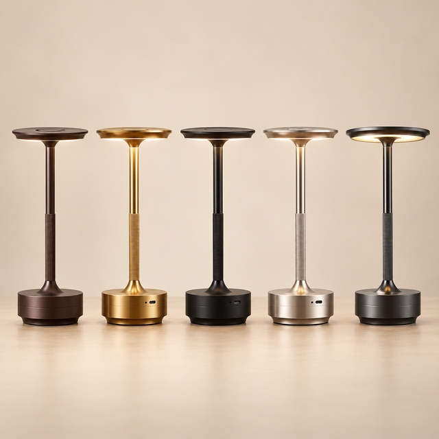 Five modern adjustable table lamps with circular tops and cylindrical bases are lined up on a light beige surface against a warm beige background. The lamps are shown in different metallic finishes: dark brown, gold, black, silver, and dark gray, with the middle two turned on to show the warm light output.