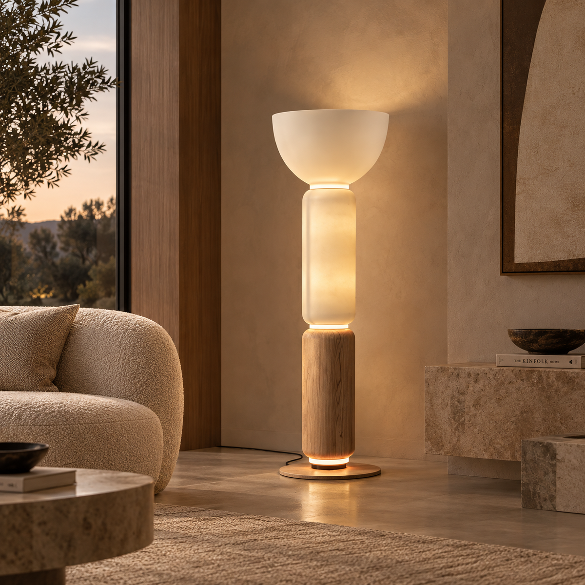 A modern two-tier floor lamp with a frosted white upper bowl and a natural wood lower cylinder, glowing with warm light in a contemporary living room setting.